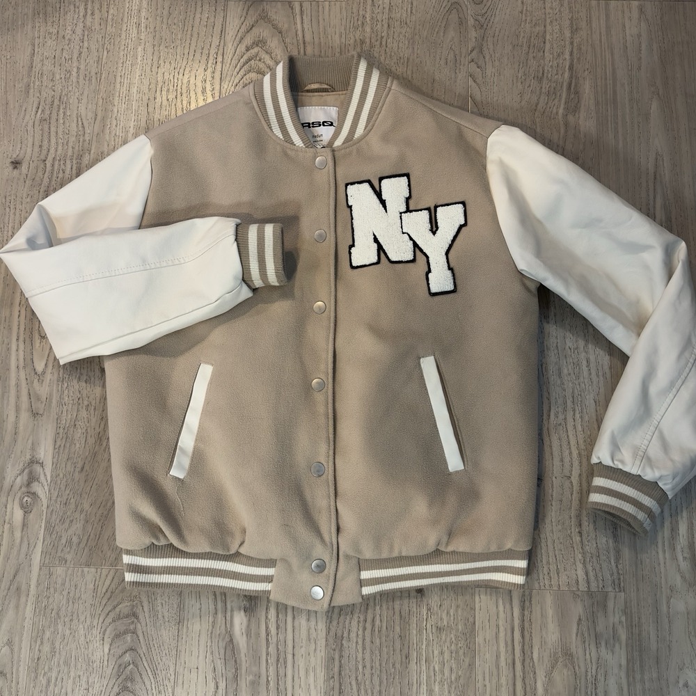 RSQ Varsity Lettermen Jacket Women Size Medium Beige-Taupe With Ivory